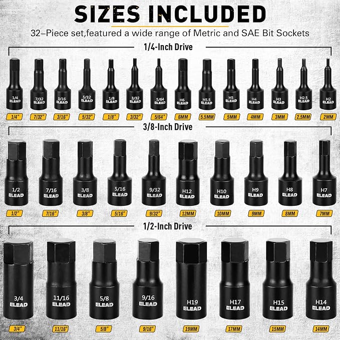 36-Piece Impact Hex Bit Socket Set Includes Socket Adapter, 1/4", 3/8", 1/2", SAE and Metric, H2-H19 & 3/4"-5/64", Cr-V Steel, Reinforced Storage Case, Automotive Mechanic Professional Tool Set