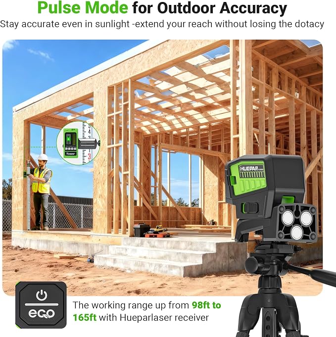 HUEPAR 5 Point Self Leveling Laser Alignment Tool with Plus Mode (98-165Ft), Laser Plumb Dots Level with 360° Magnetic Base Includes 2 AA Batteries & Hard Carrying Case - PL500G