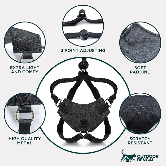 Houdini™ Escape Proof Cat Harness and Leash (Black, M/L) | Adjustable walking vest with 6ft lead, premium padded finish, snug secure fit, lightweight for travel and outdoor adventures