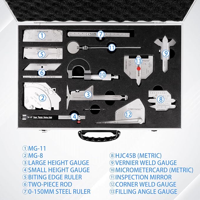 13 Piece Combination Welding Measurement Toolbox Set Stainless Steel Weld Inspection Tool, Welding Weld Inspection Ruler, Corner Weld Gauge