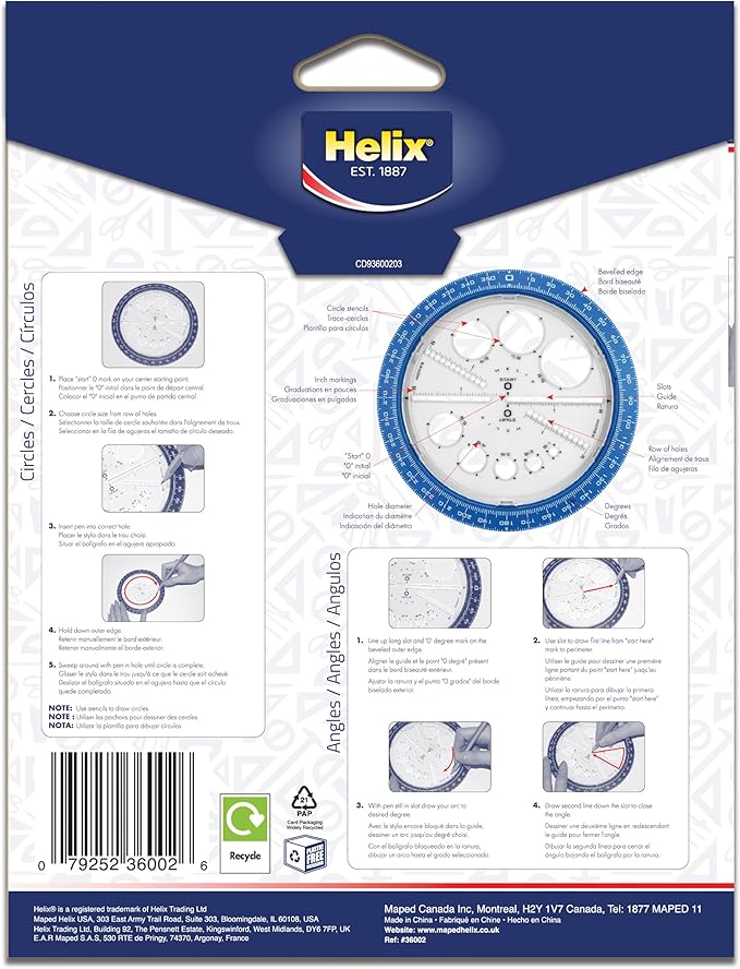 Helix Angle and Circle Maker with Integrated Circle Templates, 360 Degree, 6 Inch / 15cm, Assorted Colors (36002)