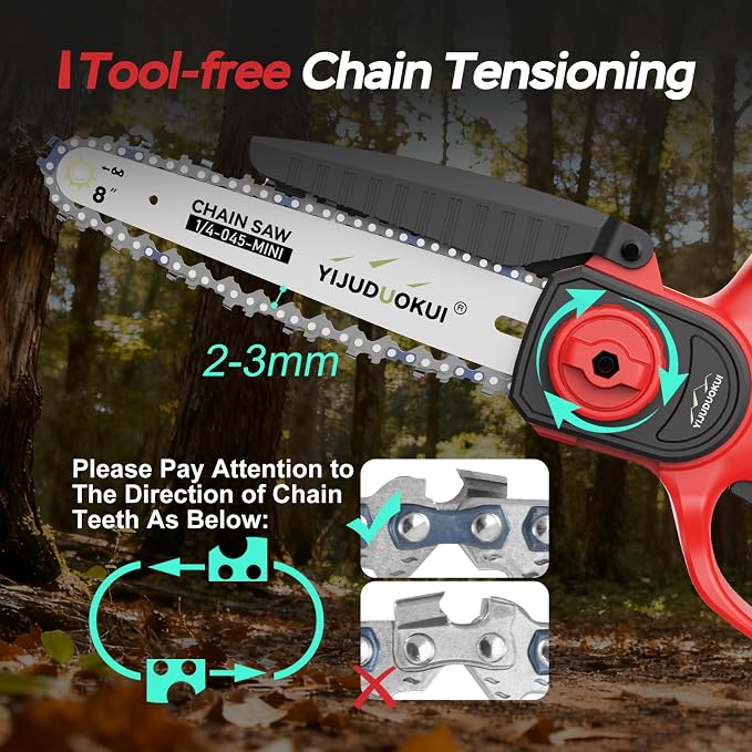 8" Brushless Mini Chainsaw with 2 Batteries | 8 Inch Cutting Bar Brushless Motor 2 Batteries Included Tool-Free Chain Tensioning Safety Lock and Guard