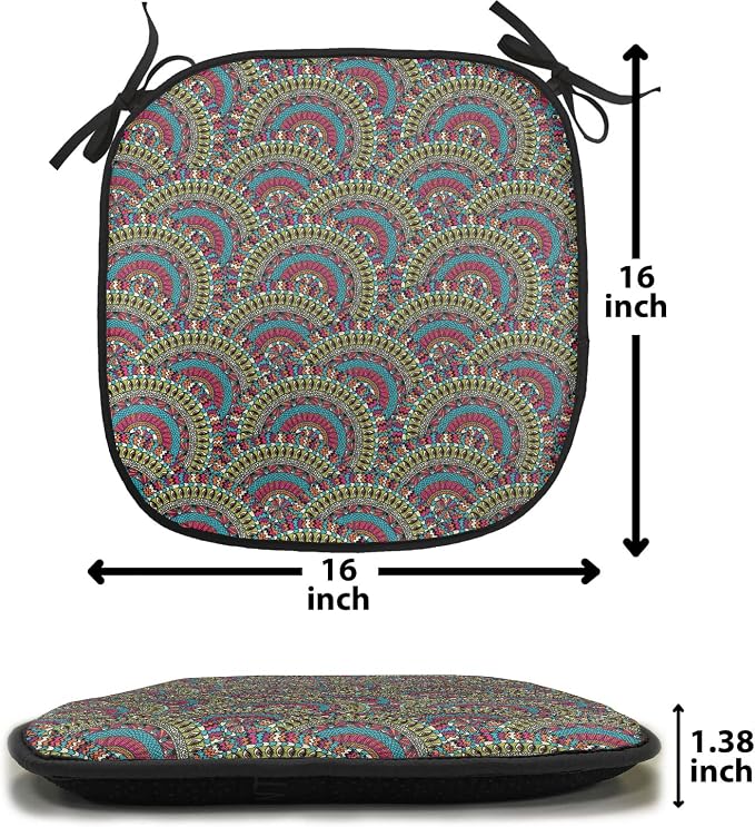 Lunarable Moroccan Chair Cushion Pads Set of 4, Colorful Ethnicity Round Ornamental Eastern Architecture Palace Tourism, Anti-Slip Seat Padding for Kitchen & Patio, 16"x16", Maroon Teal Green