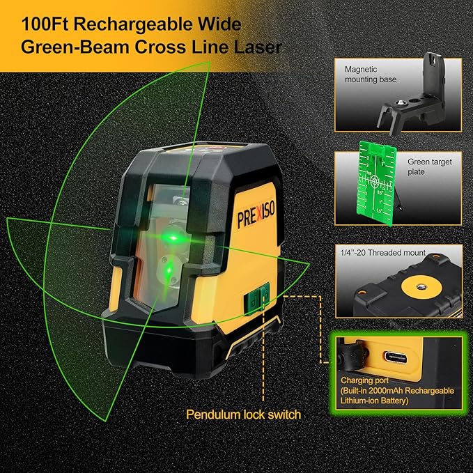 PREXISO Laser Level Self Leveling - 100Ft Rechargeable Cross Line Laser, Green Line leveler Tool for Construction, Floor Tile, Home Renovation with Magnetic Pivoting Base, Target Plate & Carry Bag