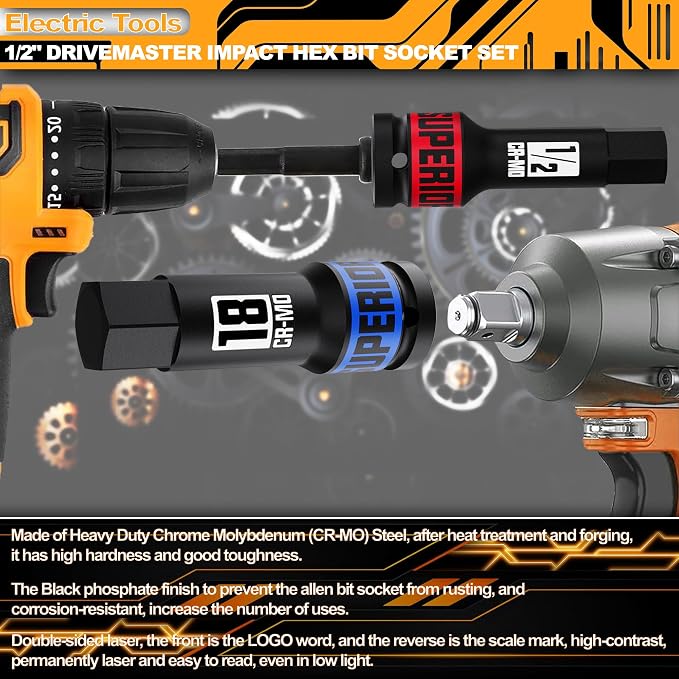 1/2" Drive Master Impact Hex Bit Socket Set, Metric & SAE, 20-Piece 1/2 Inch Drive Impact Allen Bit Socket Set, 5mm - 19mm & 1/4" - 3/4", Cr-Mo Steel, Heavy Duty Storage Case