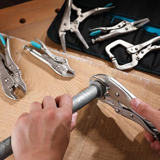 DURATECH 6-Piece Locking Pliers Set, CR-V Steel Vice Grip Pliers, Long Nose, Curved Jaw & C-Clamp, Fast Release, 5" 6" 7" 10" 6-1/2" 9-1/2", with Oxford Roll-Up Pouch