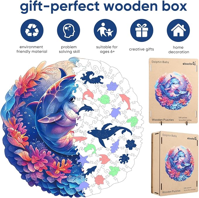 Qiuenisray Wooden Puzzles for Adults 500 Pieces, Dolphin Baby Jigsaw Puzzles, FSC Certified Unique Ocean Adult Puzzles, Irregular Wood Puzzles, Creative Gift for Family Game 16.2x16.5 in