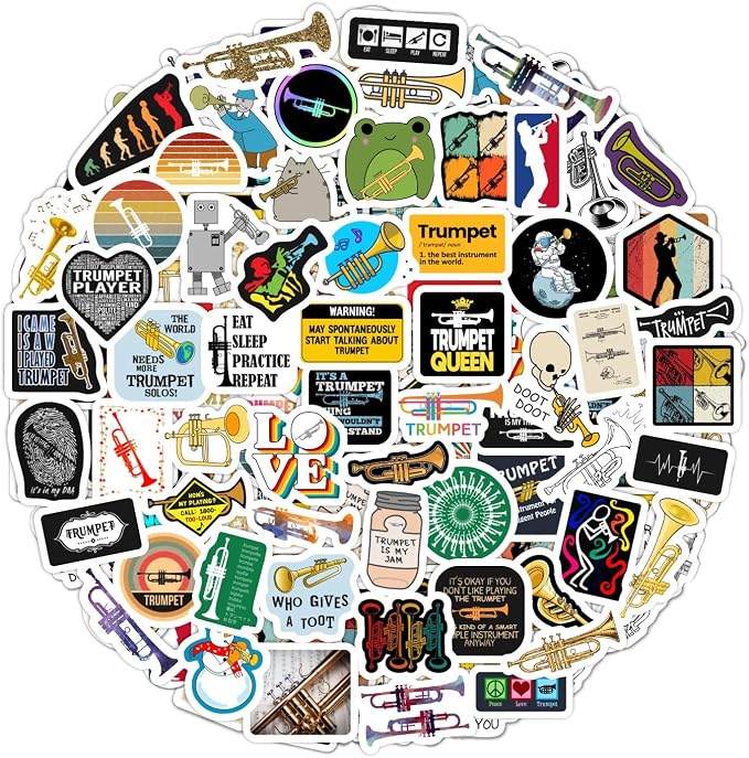 BulbaCraft Trumpet Stickers for Water Bottle and Laptop - Musical Party Supplies & Decorations, Waterproof Vinyl Instrument Decals, Trumpet and Jazz Stickers Laptop Decals, Gifts for Women & Men