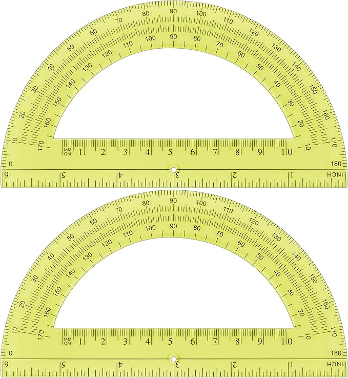 Unjoo Plastic Protractor Math Protractors 180 Degrees for Geometry Classroom Student School Office Supplies, 6 Inch, Pack of 2 (Yellow)