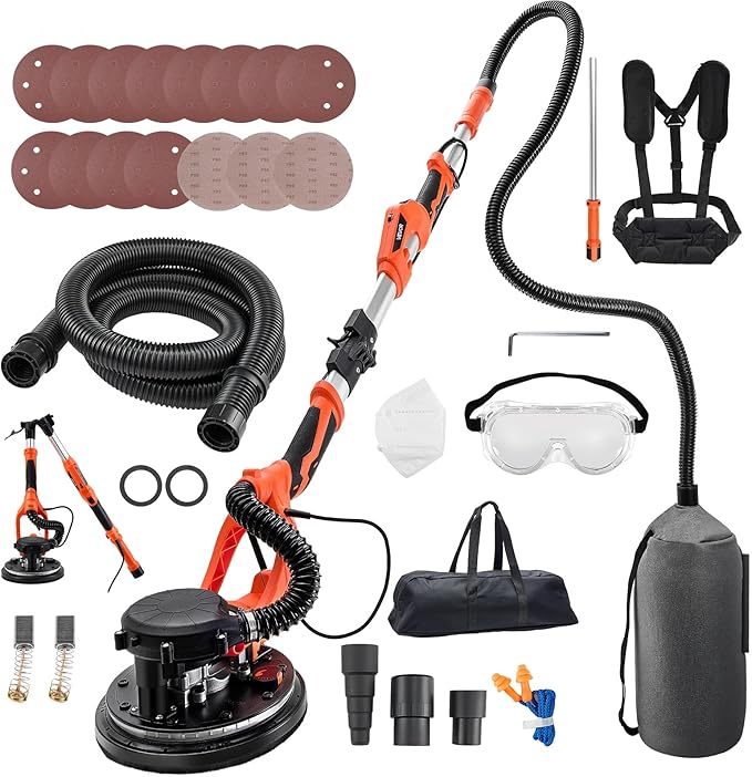 VEVOR Drywall Sander, 1150W Electric Drywall Sander, Popcorn Ceiling Removal Tool with Vacuum Dust Collection, 5 Variable Speed 800-1700 RPM, LED Light, Foldable & Extendable Handle, 15 Sanding Discs