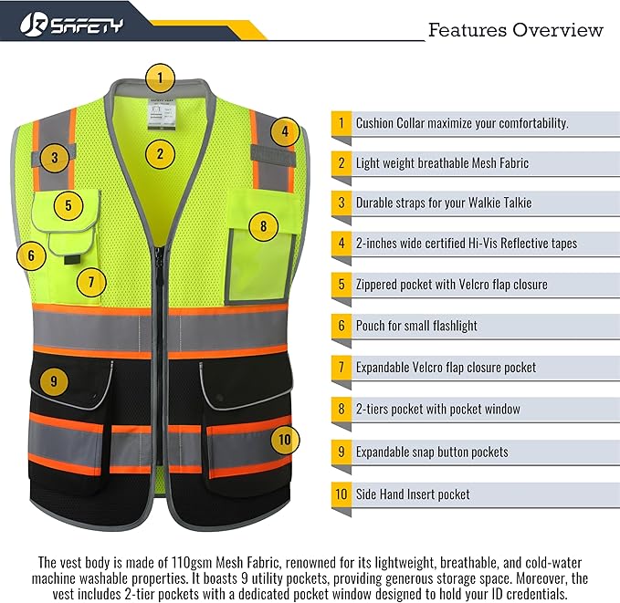 JKSafety 9 Pockets Class 2 Hi-Vis Safety Vest High Visibility Reflecitive Mesh Safety Vests for Men and Women Cushioned Collar Work Utility PPE Work Gear ANSI/ISEA compliant (101-YBlack L)