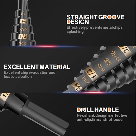 KSEIBI #2 HSS Step Drill Bit Set 3/16-1/2" with 3/8 Shank - Black Oxide Finish for Metal, Wood, Plastic Drilling - Durable, Precision Multi-Sized Bits with 3-Flat Shank 575040
