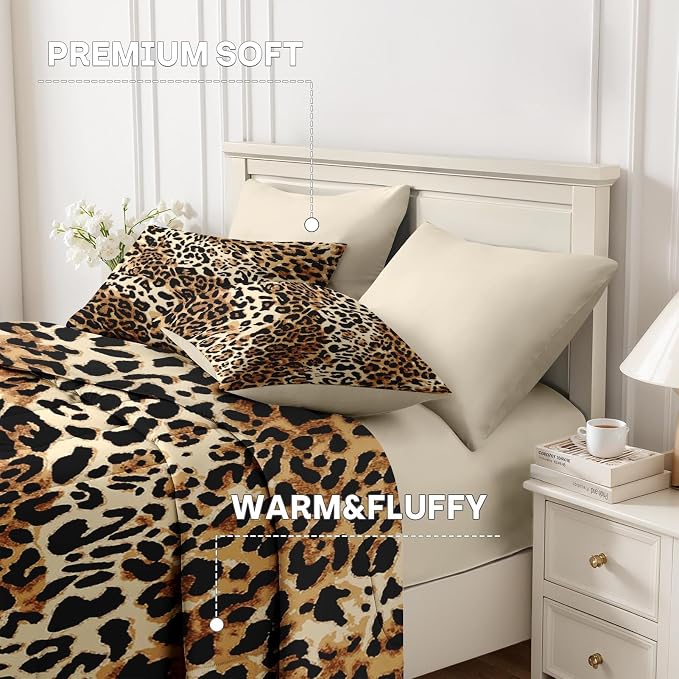 Nesker Comforter Set Twin Size, Leopard Print Cheetah Wild 5 Pcs Bedding for Kids and Adults, Animal Safari Skin Pattern Bed Sheet Sets with Fitted Sheet Pillowcase & Sham