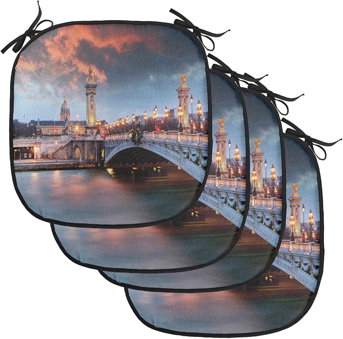 Lunarable Paris Chair Cushion Pads Set of 4, Alexandre III Bridge Paris France Palace Warm Color Peaceful Waterscape, Anti-Slip Seat Padding for Kitchen & Patio, 16"x16", Coral Dark Blue Tan