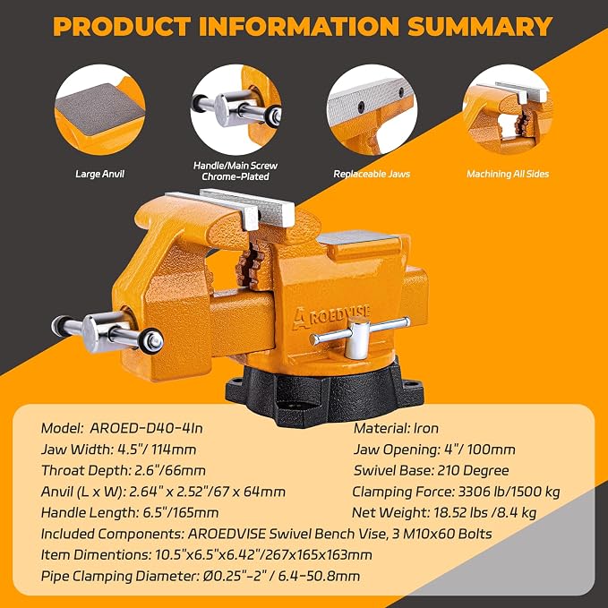 4.5" Bench Vise, 210° Swivel Base, 3306 lbs Clamping Force, Heavy Duty Cast Iron Vise with Large Anvil & Multi-Jaw Design for Workshop, Home, DIY & Repair (D40)