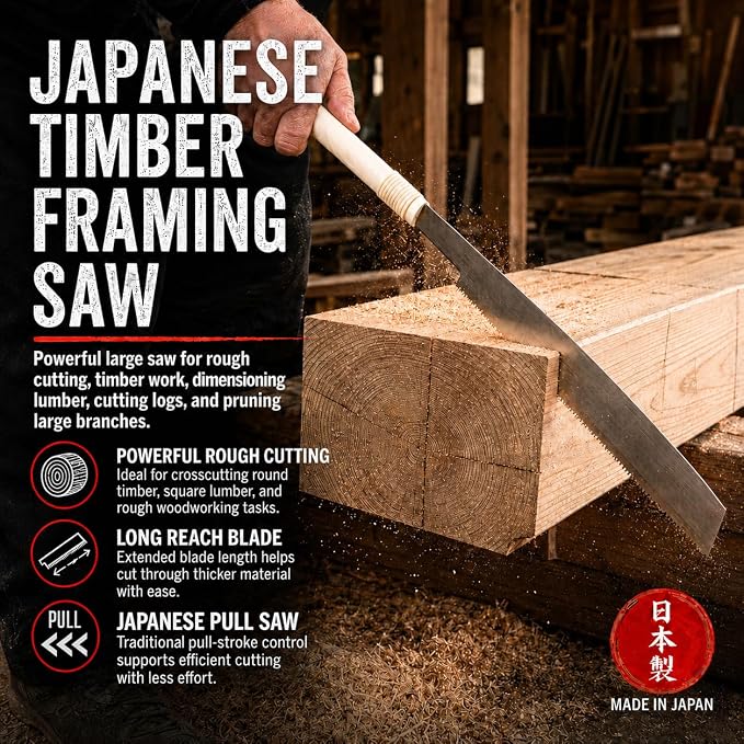 KAKURI Timber Framing Saw 14" - Japanese Anahiki Saw Large Handsaw for Rough Woodworking, Large Wood, Timbers, Beams, Trees, Logs, Thick Branches, and Limbs - Made in Japan