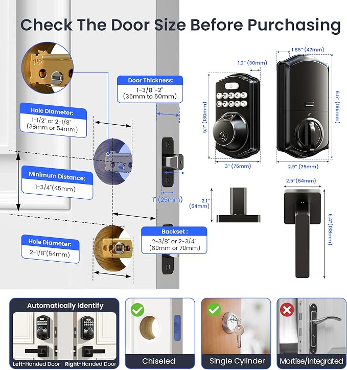 Veise VE012W-L WiFi Fingerprint Deadbolt Lock with Handle Set, Matte Black | Built-in WiFi, APP Remote & Voice Control, Real-time Alert, Smart Keyless Entry for Front Door, Back-Lit Keypad, Auto Lock
