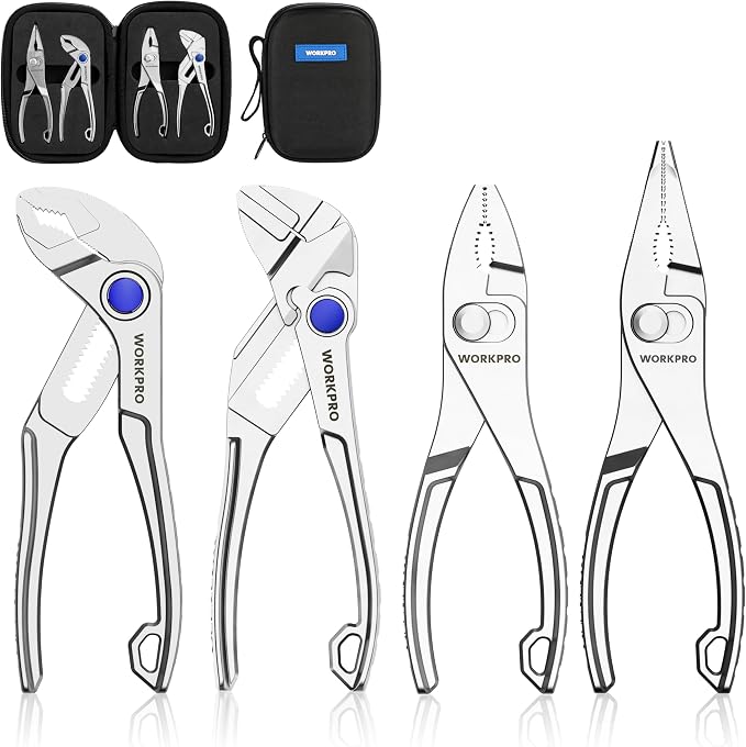 WORKPRO 4-Piece Mini Pliers Set with Pouch, Includes 4-Inch Plier Wrench & Slip Joint & Water Pump Pliers & 4.5-Inch Long Nose Slip Joint Plier, Adjustable Pliers/Pocket Plier/EDC Tool Gift for Man