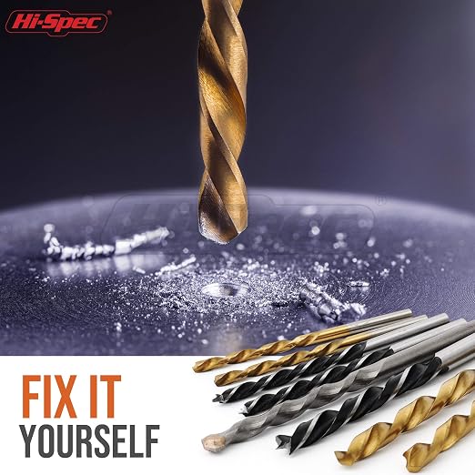Hi-Spec Drill Bit Set 130pc Multi SAE – 11 Sizes 1/16in to 3/8in – HSS Titanium, Masonry & Brad Point Steel Bits – Metal Drill Bits for Metal, Wood, Plastic, Drywall, Brick & Concrete – With Tray Case