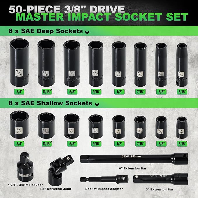 3/8" Impact Socket Set, 50PCS SAE 5/16-3/4" & Met 8-22mm | 6 Point, Extension Bars, Impact Universal Joint, Adapter, Cr-V Steel