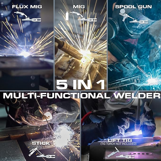 Sunstac MIG Welder, 200A Duo Voltage 5 in 1 Aluminum MIG Welding Machine, MIG/Flux Core/Spool Gun/Lift TIG/Stick, IGBT Inverter Welder Synergic Control, Digital Display (NEW VERSION)