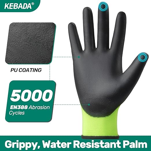 Kebada W1 Work Gloves for Men and Women, PU Coated Safety Gloves with Grip, Touchscreen, Ideal for Warehouse Package Handling, Construction, Gardening, Green XL