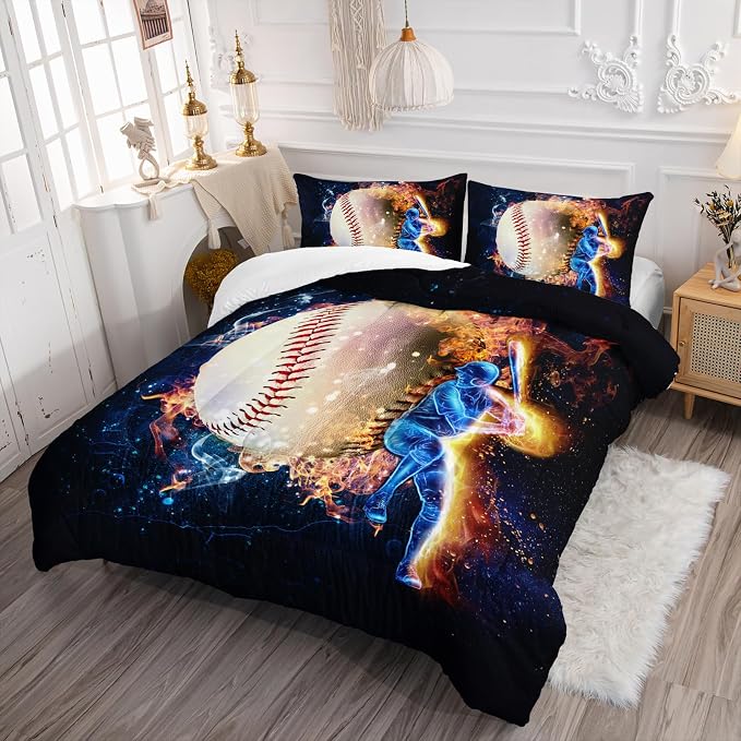 Axolotl 3D Baseball Comforter Set King,Sports Bedding,Red Blue Water Fire Comforter Set,Sports Baseball Loveer Bedding,Ball Sport Game Quilt for Kids Boys Teens Adults,1 Quilt 2 Pillowcases