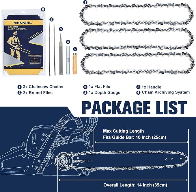 3 Pack 10 Inch Chainsaw Chain 3/8"LP .043" 40DL Fits Worx, Ego, Milwaukee | with Sharpening Kit,fits for Ryobi CS1800,P546,Worx WG322,WG323,EGO AC1000,PSA1000,Milwaukee M18 FUEL Pole Saw,LCS1020