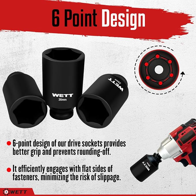WETT 1/2" Drive Deep Large Impact Socket Set, 11-Piece Spindle Axle Nut Wheel Wrench Sockets Set, Jumbo Metric 6 Point Sockets with 3/4 to 1/2 Adapter, CR-V, (27mm-38mm)