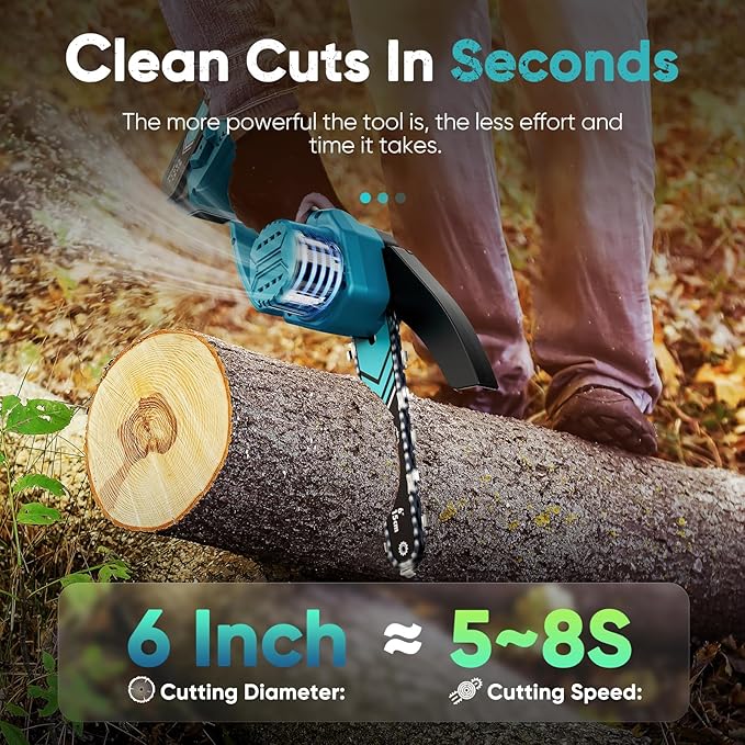 Mini Chainsaw- 6 Inch Electric Mini Chain Saw Cordless Battery Powered One-Hand Tree Trimming Saw with 2 Batteries, Portable Gardening Gadgets for Men, Unique Birthday Gifts (Blue)