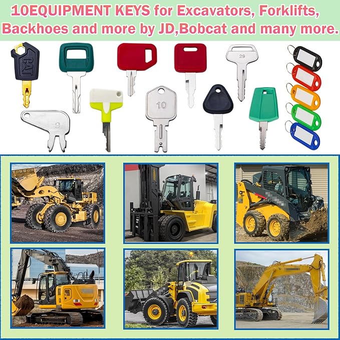 10PCS Heavy Equipment Construction Operators Keys, Master Ignition Key Set for John Deere Volvo CAT Caterpillar Komatsu Hyster Bobcat D250 and More.