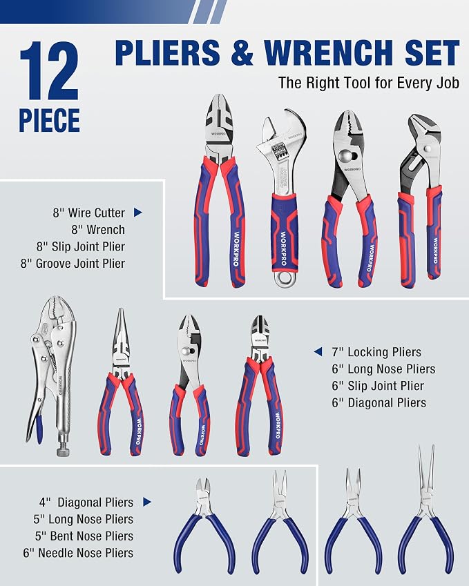 WORKPRO Pliers & Wrench Set, 12-Piece Pliers Tool Set with Organizer, Include Needle Nose, Wire Cutter, Groove Joint, Slip Joint, Long Nose, Diagonal Plier, For Home & Garage, Father's Day Suitable
