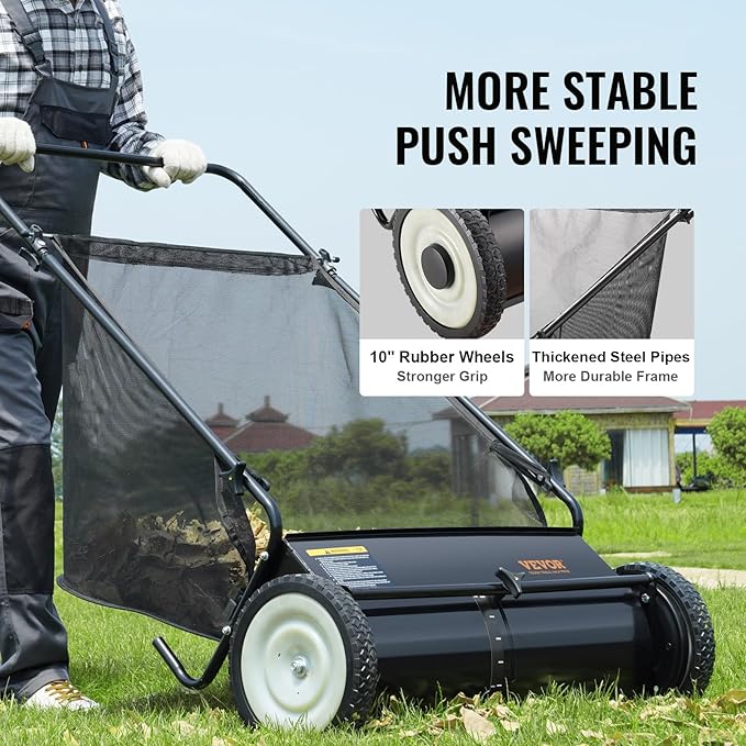 VEVOR Push Lawn Sweeper, 26 Inch Leaf & Grass Collector, Strong Rubber Wheels & Heavy Duty Thickened Steel Durable to Use with Large Capacity 7 ft³ Mesh Collection Bag, 4 Spinning Brushes