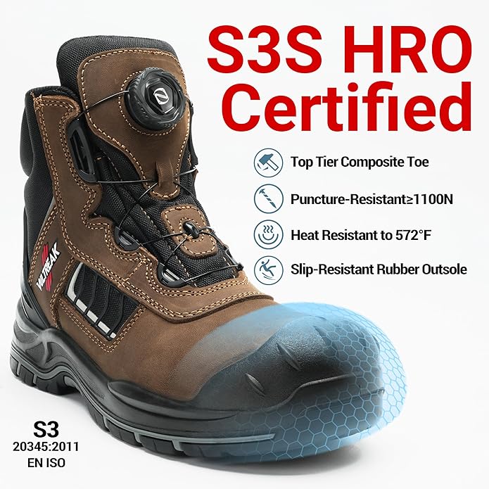 Composite Toe Work Boots for Men and Women – Exceeds Steel Toe Protection, Quick Fit System, Kevlar Puncture-Resistant Midsole, S3 HRO Certified, Heat-Resistant, Waterproof, Rubber Slip-Resistant Outsole, Safety Shoes for Industrial & Welding Use