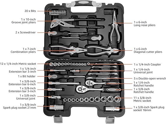 Amazon Basics 65-Piece General Household Home Repair and Mechanic's Hand Tool Kit Set with Storage Case, Portable, Non-Slip Handles, Black