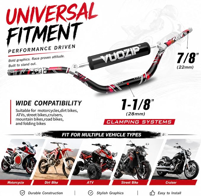 1-1/8" 28mm Mid-Rise Dirt Bike Handlebars - 6061-T6 Aluminum Heavy-Duty Handlebar with Foam Pad, Grips & Riser Clamp Kit, Universal Fit for Motocross Pit Bike ATV Quad (Type-B)