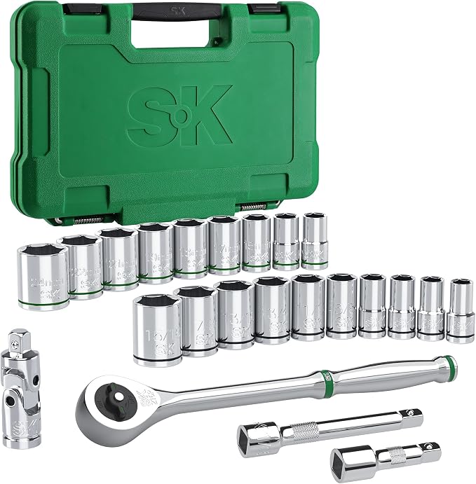 SK 1/2" Drive Socket Set with 216-P Ratchet, 23-Piece, SAE & Metric Sockets | Quick-Release Ratchet, SuperKrome Finish, Premium CR-V Steel, Heat Treated, with Storage Suitcase