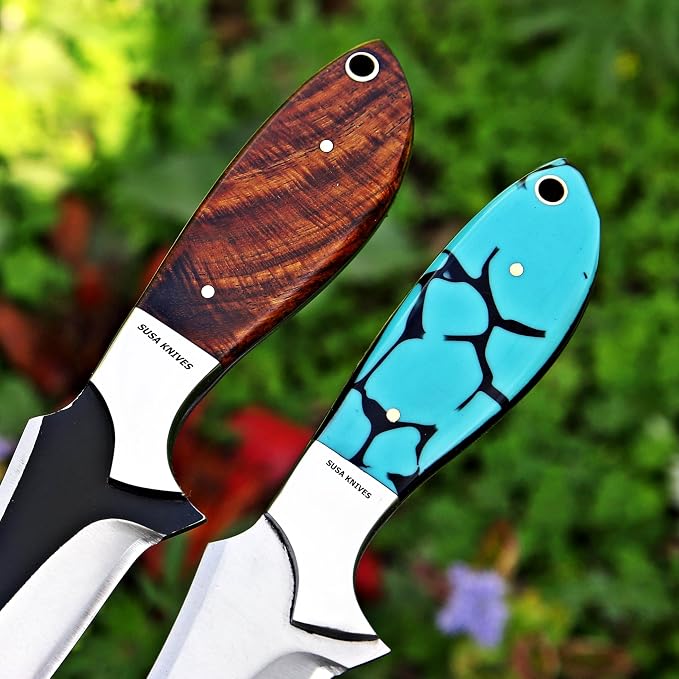 Custom Handmade 7'' fixed blade hoof rasp knife Cow boy knife Turquoise Handle Damascus steel Bull cutter, cowboy knives with pancake leather sheath (WOOD)