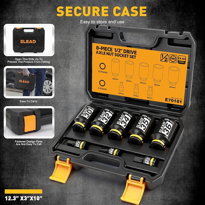 12-Point 1/2" Drive Axle Nut Socket Set, 8-Piece Metric Wheel Axle Nut Wrench Large Jumbo 30mm 32mm 34mm 35mm 36mm, Hex Bit Socket 14mm 17mm 19mm, Car Spindle Joint High Torque Truck Bearing Locknut