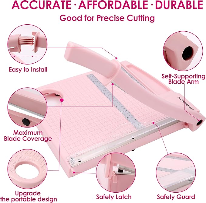 12" Paper Cutter, Precision Cut with Safety Protection and Blade Lock, 12 Sheet Capacity, Great for Cardstock, Cardboard, Photo, Vinyl, Crafts, Scrapbook (Pink)