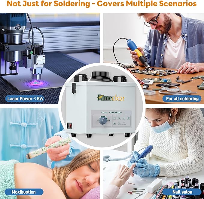 FumeClear Solder Fume Extractor - Powerful 100W Suction 200m³/h, Low-Noise, 3-Stage Filtration System with 12PCS Filters for Laser Welding Smoke Absorption and Desktop Soldering