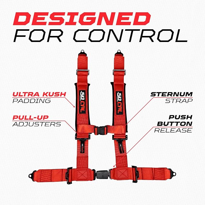 1pc 50 Cal Red 4 Point Harness 2in Straps, Racing Harness Seat Belt | Ultra Kush padding, Push Button quick release hardware. Universal Fit for UTV, RZR, race car.