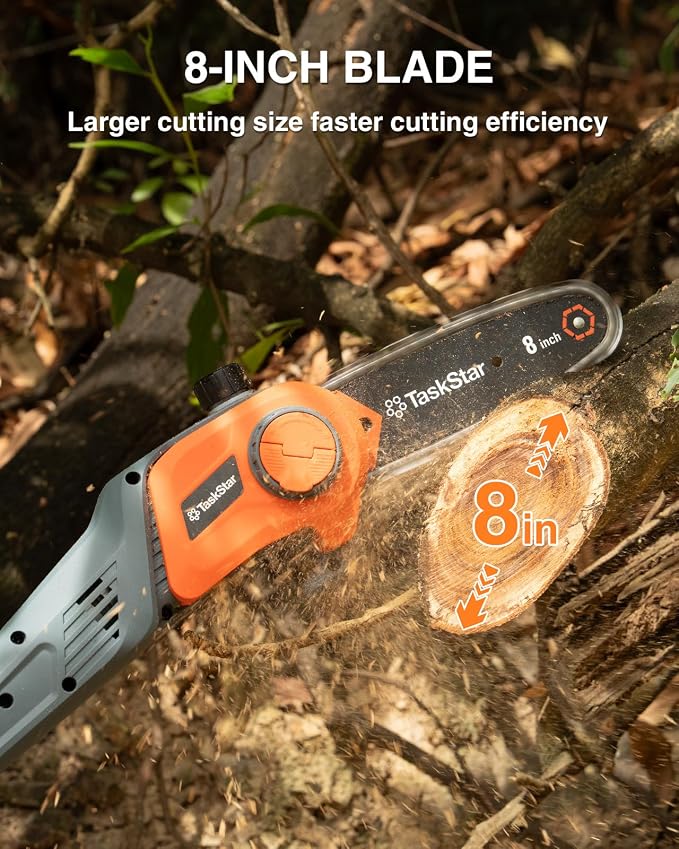 TaskStar 8-Inch Cordless Pole Saw, Electric Pole Saws for Tree Trimming, 2×4000mAh Batteries, 600W Powerful Motor, Max Reach 15Ft, Tool-Free Chain Tensioning, Auto Lubrication