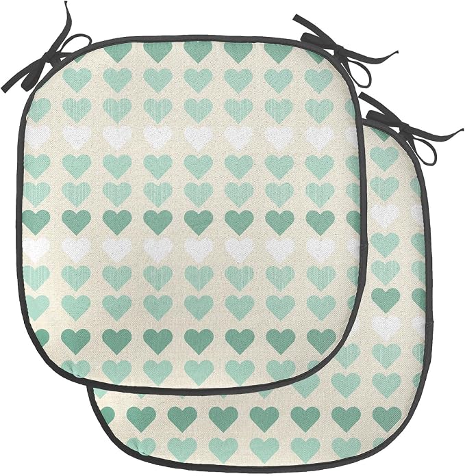 Lunarable Aquamarine Chair Seating Cushion Set of 2, Romantic Pattern with Heart Shapes in Rows, Anti-Slip Seat Padding for Kitchen & Patio, 16"x16", Champagne Laurel Green