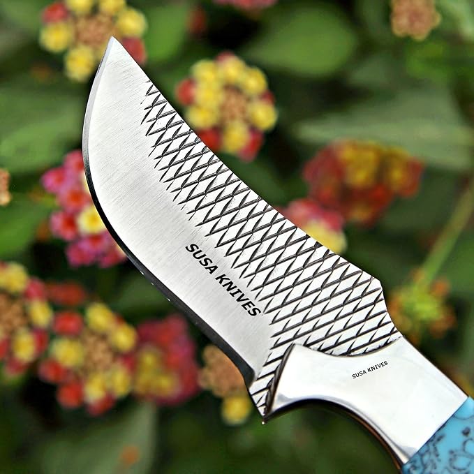 Custom Handmade 7'' fixed blade hoof rasp knife Cow boy knife Turquoise Handle Damascus steel Bull cutter, cowboy knives with pancake leather sheath (BLACK HORN)