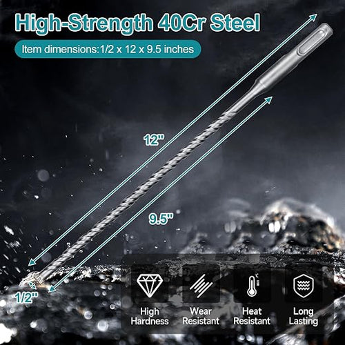 1/2 Inch x 12 Inch SDS Plus Rotary Hammer Drill Bit, Cross Tip Double Threaded Carbide Tipped for Concrete, Brick, and Stone (1/2" x 9.5" x 12")