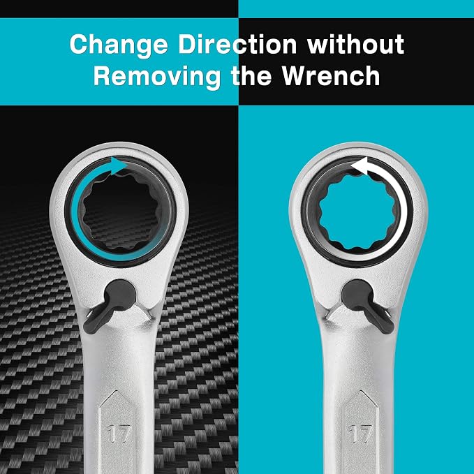 DURATECH 4-in-1 Reversible Ratcheting Box Wrench Set, Metric, 2-Piece | Double Box End, 8mm, 10mm, 12mm, 13mm & 14mm, 15mm, 17mm, 19mm, CR-V Steel, Matte Chrome Plated, Rolling Pouch