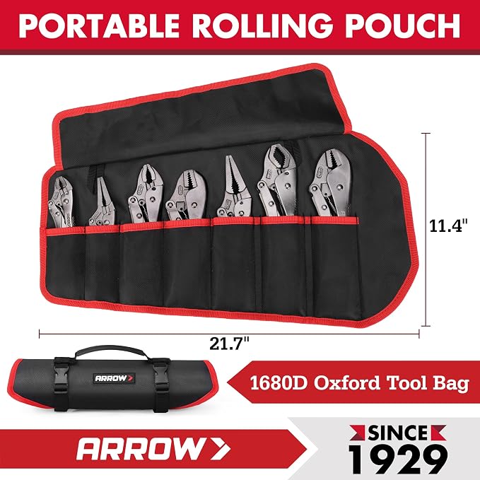ARROW 7-piece Locking Pliers Set with Rolling Pouch, Chromium-Molybdenum Vice Grips, 5"/7" Curved Jaw, 6.5"/9" Long Nose, 7"/10" Straight Jaw, 10" V-Jaw Vise Grip Pliers