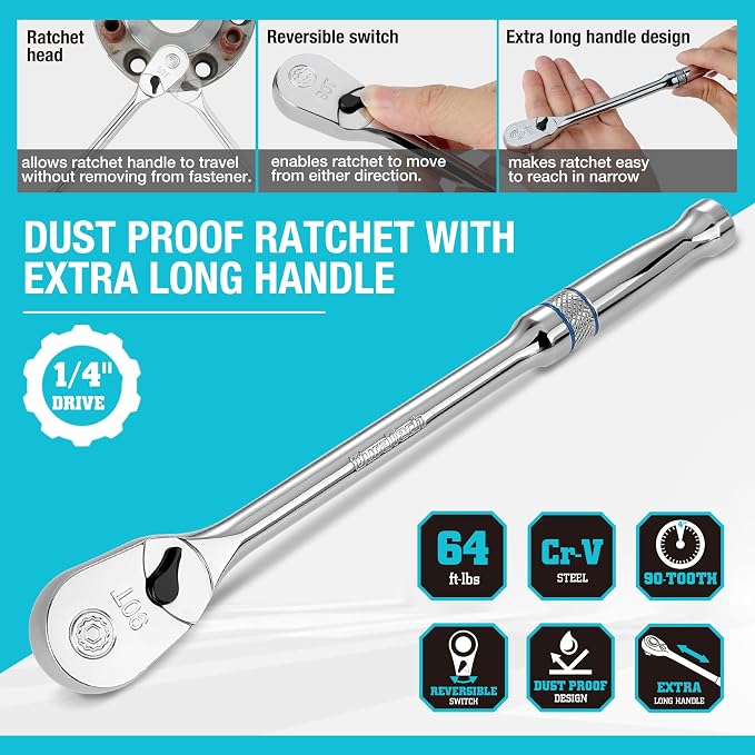 DURATECH Extra Long Handle 1/4-Inch Drive Ratchet, 90-Tooth Ratchet Wrench | Socket Wrench with 8" Handle and Dust Proof Teardrop Enclosed Head, Reversible, CR-V Steel Made, CR-MO Head, Full Polished