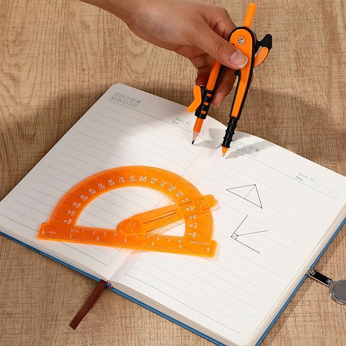 Zonon Student Protractor and Compass Set, Student Geometry Math Set Drawing Compass and 180 Degree 6 Inch Protractor with Swing Arm for Drawing Measuring School Office(Orange)